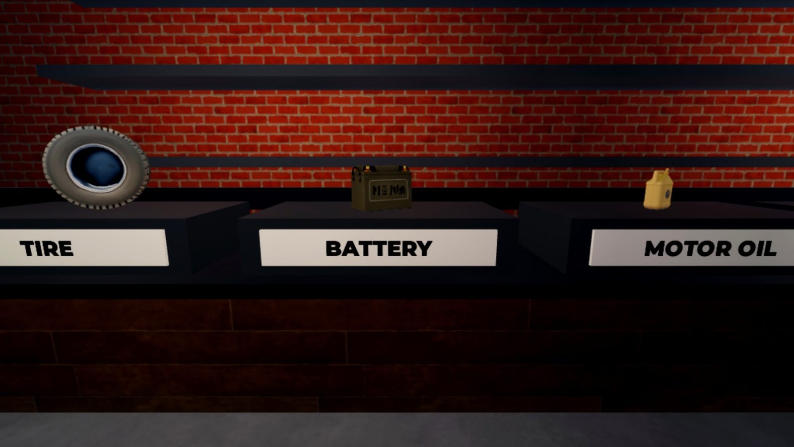 The parts counter with tires, batteries, motor oil and spark plugs
